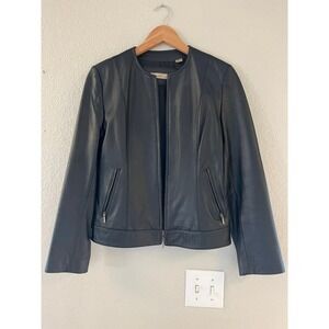 i.e. Women Navy Blue Genuine Leather Collarless Zip Up Jacket Size S RN 13711